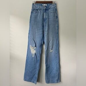 Zara High-Waisted Straight Leg Denim Jeans with Distressed Details
